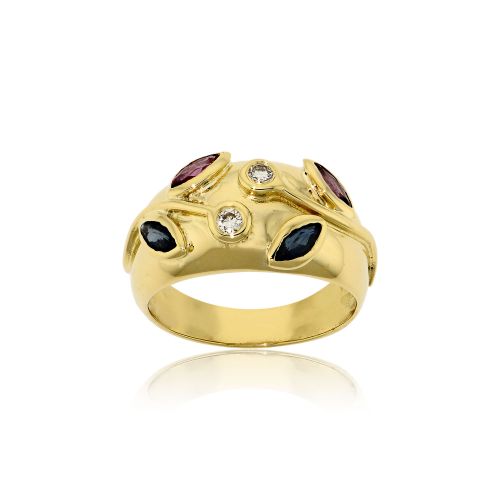 Δαχτυλίδι Κίτρινο Χρυσό 18 Καρατίων Κ18 με Διαμάντια, Ζαφείρια και Ρουμπίνια 001062