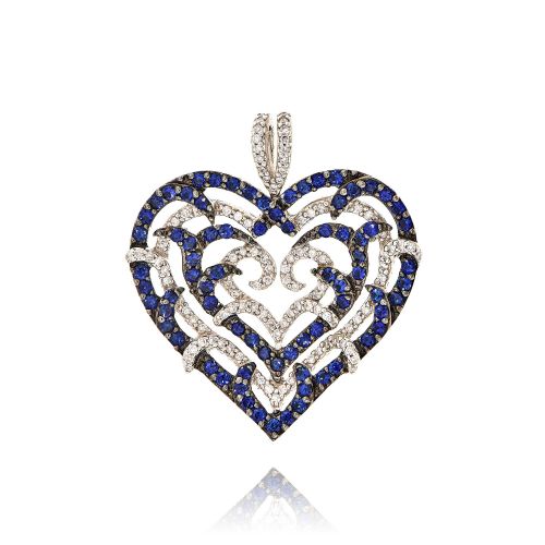 Μενταγιόν Καρδιά από Λευκό Χρυσό Κ18 με Διαμάντια και Ζαφείρια 007699