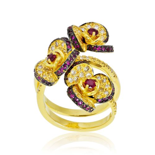 Δαχτυλίδι Κίτρινο Χρυσό 18 Καρατίων με Διαμάντια Μπριγιάν και Ρουμπίνια 008328