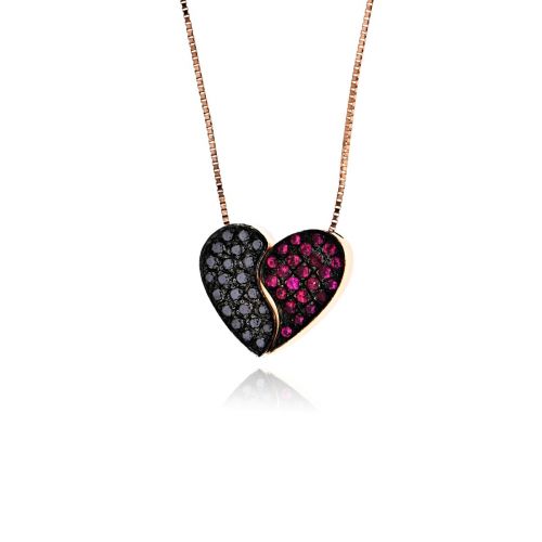 Μενταγιόν Καρδιά με Αλυσίδα Ροζ Χρυσό Κ18 με Μπριγιάν και Ρουμπίνια 018805