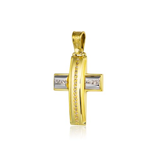 Σταυρός Βάπτισης Τριάντος Κορίτσι Κίτρινο Λευκό Χρυσό Κ14 με Πέτρες Ζιργκόν 022143
