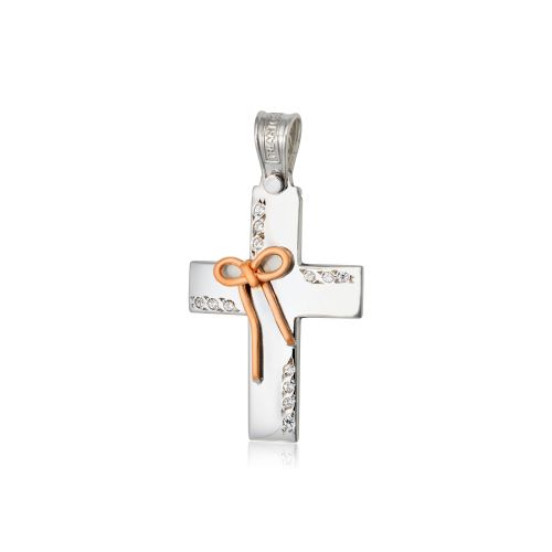 Σταυρός Βάπτισης Τριάντος για Κορίτσι Λευκό Ροζ Χρυσό Κ14 με Πέτρες Ζιργκόν 022665