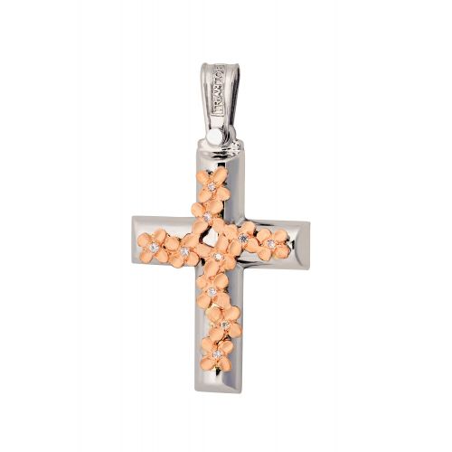 Σταυρός Βάπτισης Τριάντος για Κορίτσι Λευκό και Ροζ Χρυσό Κ14 με Πέτρες Ζιργκόν 022897