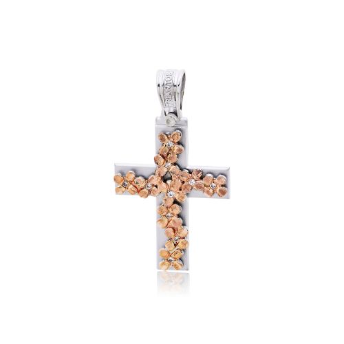 Σταυρός Βάπτισης Τριάντος για Κορίτσι Λευκό και Ροζ Χρυσό Κ14 με Πέτρες Ζιργκόν 024622