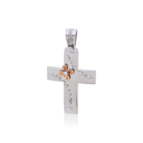 Σταυρός Βάπτισης Τριάντος για Κορίτσι Λευκό και Ροζ Χρυσό Κ14 με Πέτρες Ζιργκόν 024623