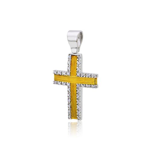 Σταυρός Βάπτισης για Κορίτσι Επιπλατινωμένο και Επιχρυσωμένο Ασήμι 925 με Πέτρες Ζιργκόν 024943