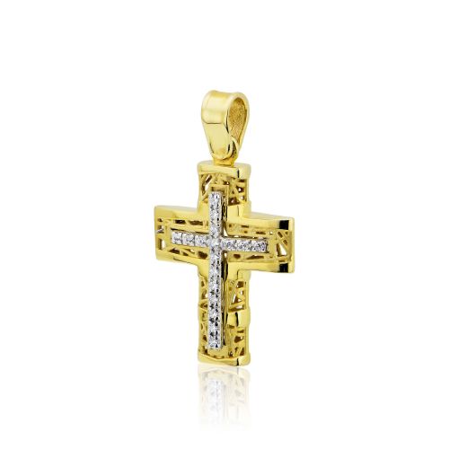 Σταυρός Βάπτισης για Κορίτσι Κίτρινο και Λευκό Χρυσό Κ14 με Πέτρες Ζιργκόν 025076