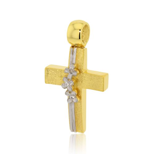 Σταυρός Βάπτισης για Κορίτσι Κίτρινο και Λευκό Χρυσό Κ14 με Ζιργκόν 030225