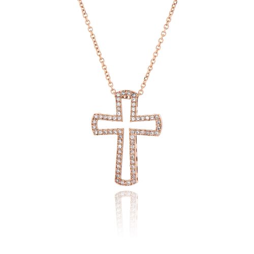 Σταυρός Βάπτισης με Αλυσίδα για Κορίτσι Ροζ Χρυσό Κ14 με Πέτρες Ζιργκόν 030389
