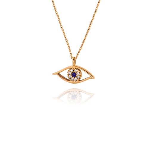 Μενταγιόν Μάτι με Αλυσίδα από Ροζ Χρυσό Κ18 με Διαμάντια και Ζαφείρι 030527