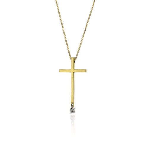 Σταυρός Γυναικείος με Αλυσίδα Κίτρινο Χρυσό Κ14 με Διαμάντι Μπριγιάν 031605