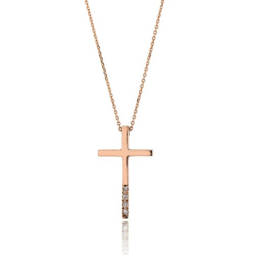 Σταυρός Γυναικείος με Αλυσίδα Ροζ Χρυσό Κ14 με Διαμάντια Μπριγιάν 031610