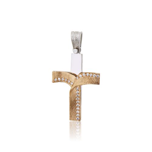 Σταυρός Βάπτισης Τριάντος για Κορίτσι Λευκό Ροζ Χρυσό Κ14 με Πέτρες Ζιργκόν 031642