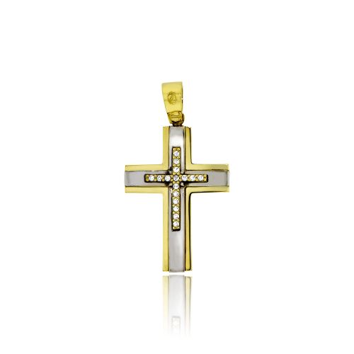 Σταυρός Βάπτισης για Κορίτσι από Κίτρινο και Λευκό Χρυσό 14 Καρατίων με Πέτρες Ζιργκόν 031718