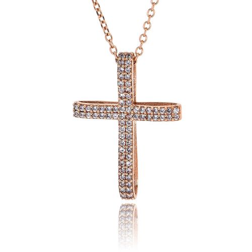 Σταυρός Βάπτισης με Αλυσίδα για Κορίτσι Ροζ Χρυσό Κ14 με Πέτρες Ζιργκόν 033014
