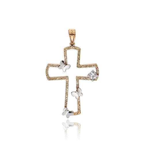 Σταυρός Βάπτισης με Πεταλούδα για Κορίτσι Ροζ και Λευκό Χρυσό Κ14 με Πέτρες Ζιργκόν 033019