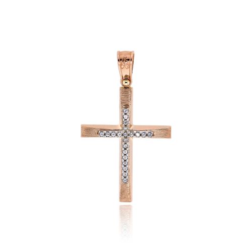 Σταυρός Βάπτισης για Κορίτσι Ροζ και Λευκό Χρυσό Κ14 με Πέτρες Ζιργκόν 033445