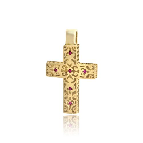 Σταυρός Βάπτισης από Κίτρινο Χρυσό Κ14 και Πέτρες Ζιργκόν 033625