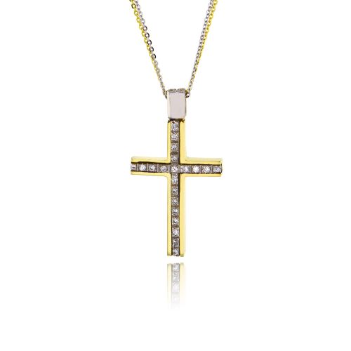 Σταυρός Βάπτισης Val΄Oro με Αλυσίδα για Κορίτσι Λευκό και Κίτρινο Χρυσό Κ14  και Πέτρες Ζιργκόν 034915