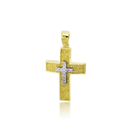 Σταυρός Βάπτισης για Κορίτσι από Κίτρινο και Λευκό Χρυσό Κ14 και Πέτρες Ζιργκόν 035086