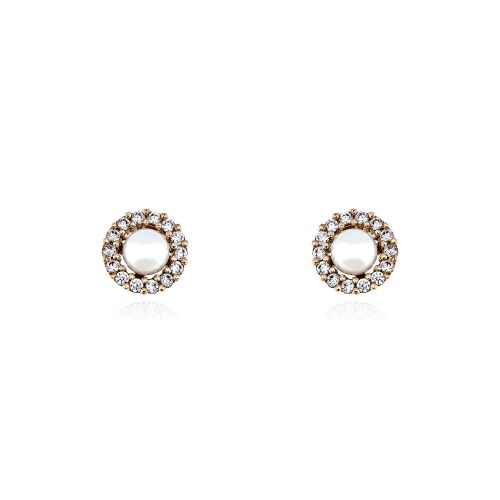 Σκουλαρίκια Ροζέτες από Ροζ Χρυσό Κ14 με Πέτρες Ζιργκόν και Μαργαριτάρια 036183