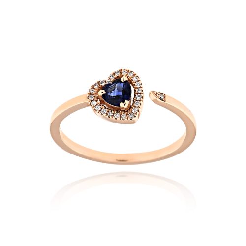 Δαχτυλίδι Καρδιά Ροζέτα από Ροζ Χρυσό Κ18 με Διαμάντια και Ζαφείρι 037875