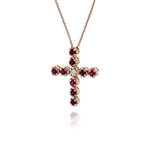 Σταυρός Βάπτισης με Αλυσίδα από Ροζ Χρυσό Κ18, Διαμάντι και Ρουμπίνια 038153