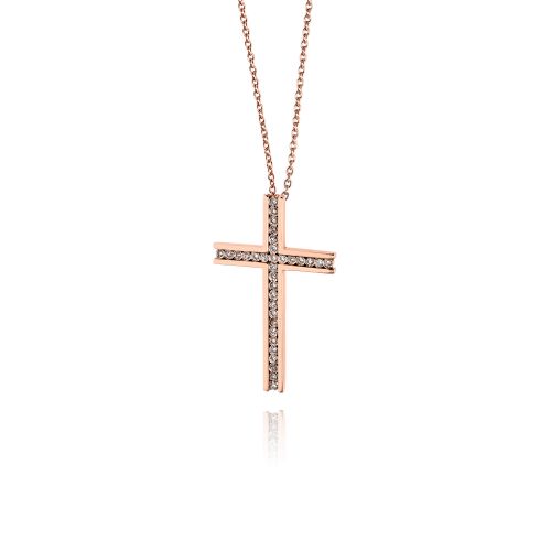 Σταυρός Βάπτισης με Αλυσίδα για Κορίτσι Ροζ Χρυσό Κ18 με Διαμάντια Μπριγιάν 038325