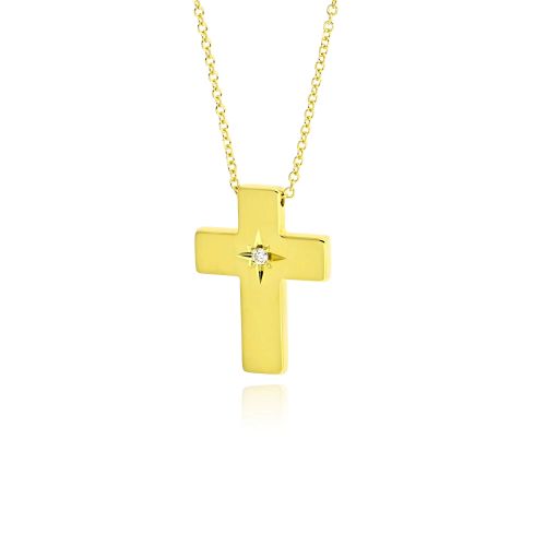 Σταυρός Βάπτισης με Αλυσίδα από Κίτρινο Χρυσό Κ14 και Διαμάντι 038444