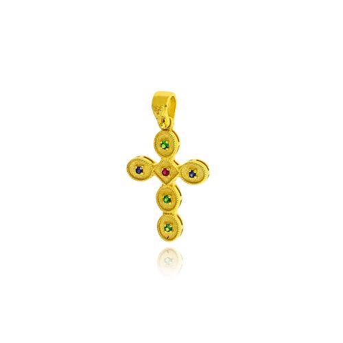 Βυζαντινός Σταυρός Βάπτισης από Κίτρινο Χρυσό Κ14 με Ρουμπίνι, Ζαφείρια και Σμαράγδια 038460