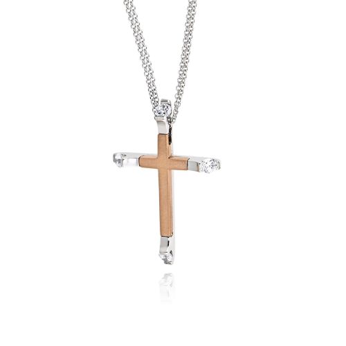 Σταυρός Βάπτισης με Αλυσίδα για Κορίτσι από Λευκό και Ροζ Χρυσό Κ14 με Πέτρες Ζιργκόν 038466