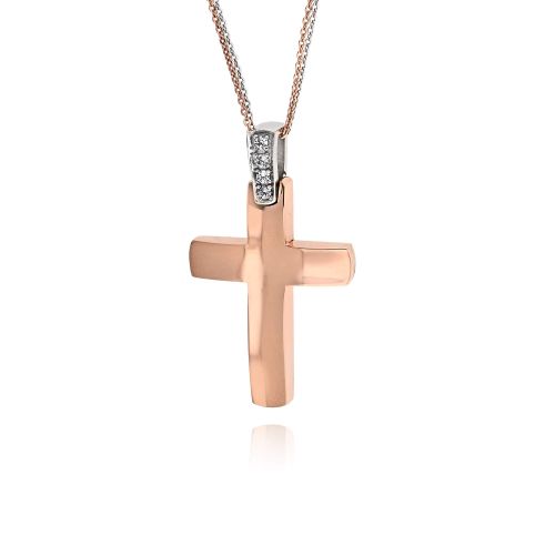 Σταυρός Βάπτισης με αλυσίδα Val΄Oro για Κορίτσι Ροζ Λευκό Χρυσό Κ14 με Πέτρες Ζιργκόν 038560