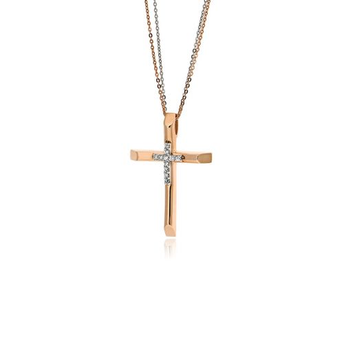 Σταυρός Βάπτισης Val΄Oro για Κορίτσι με Αλυσίδα από Ροζ και Λευκό Χρυσό Κ14 με Πέτρες Ζιργκόν 039723