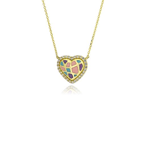 Μενταγιόν Καρδιά με Αλυσίδα από Κίτρινο Χρυσό Κ9 με Σμάλτο και Πέτρες Ζιργκόν 039729