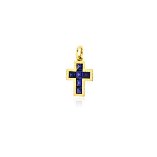 Γυναικείος Σταυρός από Κίτρινο Χρυσό 18 Καρατίων με Ζαφείρια 040807