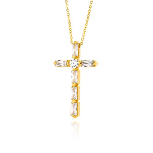 Σταυρός Βάπτισης για Κορίτσι από Κίτρινο Χρυσό Κ14 με Αλυσίδα και Πέτρες Ζιργκόν 041199