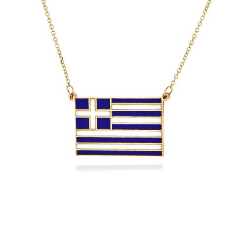Μενταγιόν Ελληνική Σημαία με Αλυσίδα από Κίτρινο Χρυσό 14Κ και Σμάλτο 041288