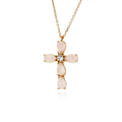 Σταυρός Γυναικείος από Ροζ Χρυσό Κ14 με Αλυσίδα και Πέτρες Χαλαζία 041474