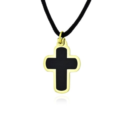 Ανδρικός Σταυρός από Κίτρινο Χρυσό Κ14 με Κεραμικό και Κορδόνι 041838
