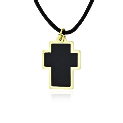 Ανδρικός Σταυρός από Κίτρινο Χρυσό Κ14 με Κεραμικό και Κορδόνι 041839