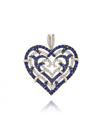 Μενταγιόν Καρδιά από Λευκό Χρυσό Κ18 με Διαμάντια και Ζαφείρια 007699