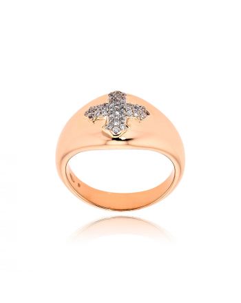 Δαχτυλίδι Σεβαλιέ με Σταυρό από Ροζ Χρυσό Κ18 με Διαμάντια Μπριγιάν 014496