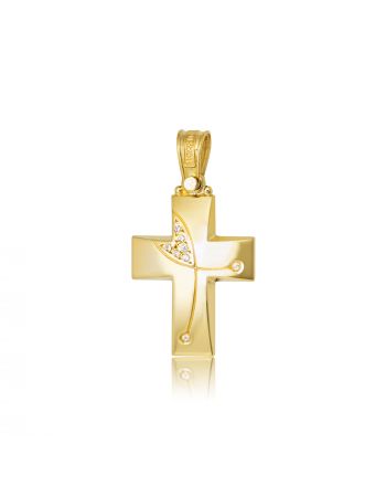 Σταυρός Βάπτισης Τριάντος για Κορίτσι Κίτρινο Χρυσό Κ14 με Πέτρες Ζιργκόν 022667