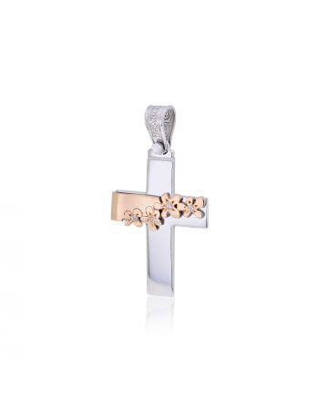 Σταυρός Βάπτισης Τριάντος για Κορίτσι Λευκό και Ροζ Χρυσό Κ14 με Πέτρες Ζιργκόν 025621