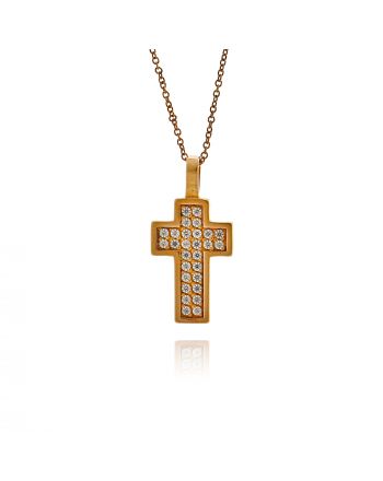 Σταυρός Γυναικείος με Αλυσίδα από Ροζ Χρυσό 14 Καρατίων με Πέτρες Ζιργκόν 029363