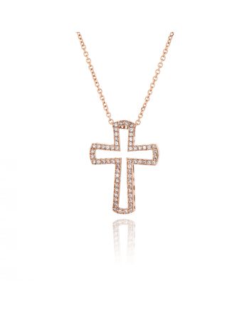Σταυρός Βάπτισης με Αλυσίδα για Κορίτσι Ροζ Χρυσό Κ14 με Πέτρες Ζιργκόν 030389