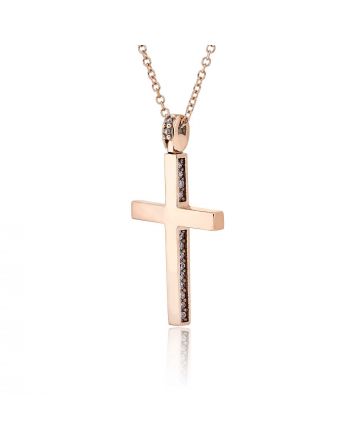Σταυρός Βάπτισης με Αλυσίδα για Κορίτσι από Ροζ Χρυσό Κ14 με Πέτρες Ζιργκόν 033015