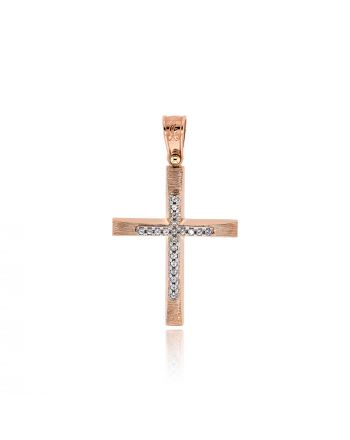 Σταυρός Βάπτισης για Κορίτσι Ροζ και Λευκό Χρυσό Κ14 με Πέτρες Ζιργκόν 033445
