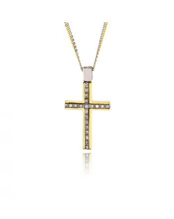 Σταυρός Βάπτισης Val΄Oro με Αλυσίδα για Κορίτσι Λευκό και Κίτρινο Χρυσό Κ14  και Πέτρες Ζιργκόν 034915