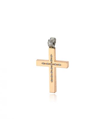 Σταυρός Βάπτισης Τριάντος για Κορίτσι Ροζ και Λευκό Χρυσό Κ14 με Πέτρες Ζιργκόν 038169